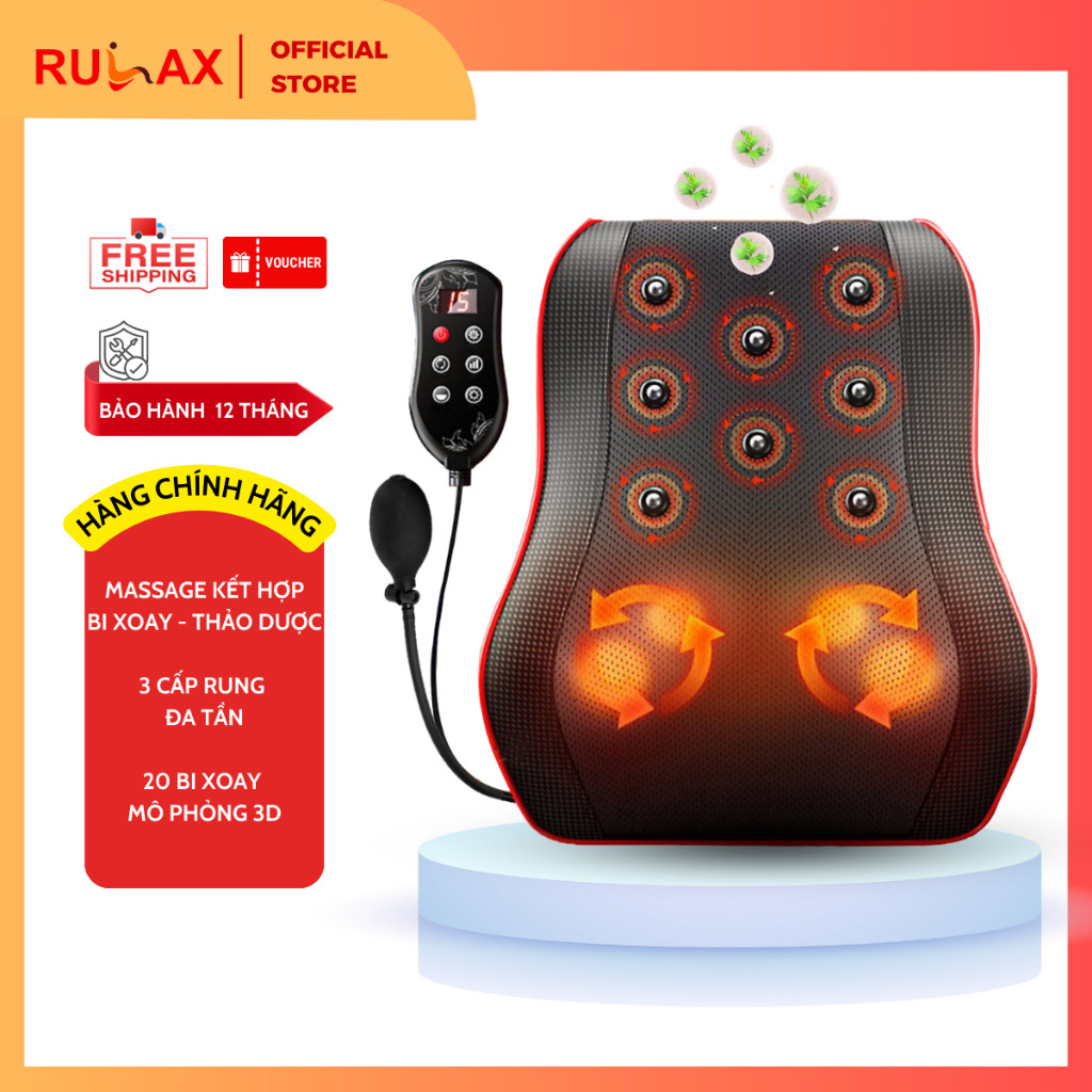 Gối Massage Cổ Vai Gáy RULAX, Tựa Lưng Massage Hồng Ngoại Đa Năng 20 Bi, 2 Động Cơ Rung