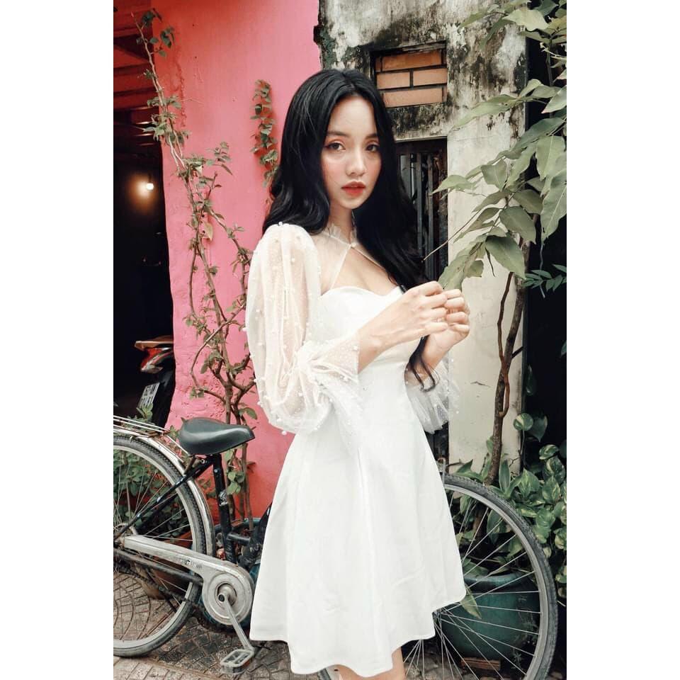 Đầm nữ tay dài phối lưới cổ tàu thời trang dự tiệc dạo phố