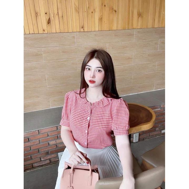Áo Sơ Mi nữ công sở thời trang SURI Caro xốp đen đỏ Tay Ngắn Dáng Rộng Kẻ Sọc Kiểu Hàn Quốc-CARODENDOND
