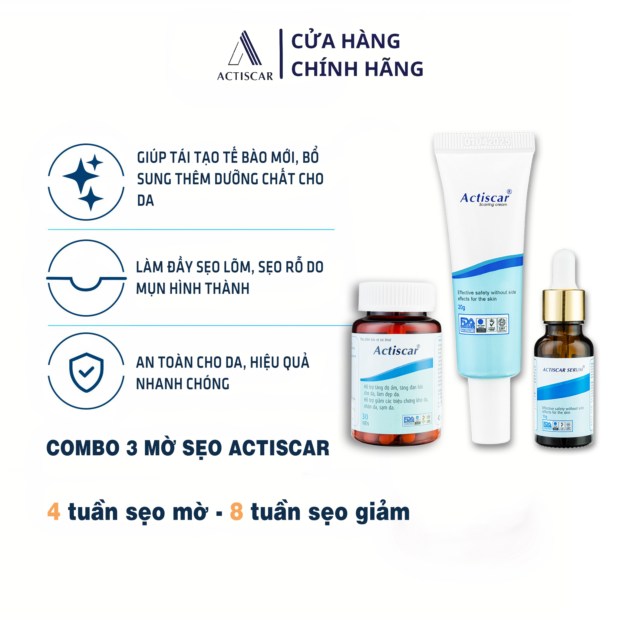 Hỗ Trợ Trị Sẹo Actiscar gồm Kem + Serum + viên uống làm mờ sẹo Lồi, Lõm , Rỗ Thâm