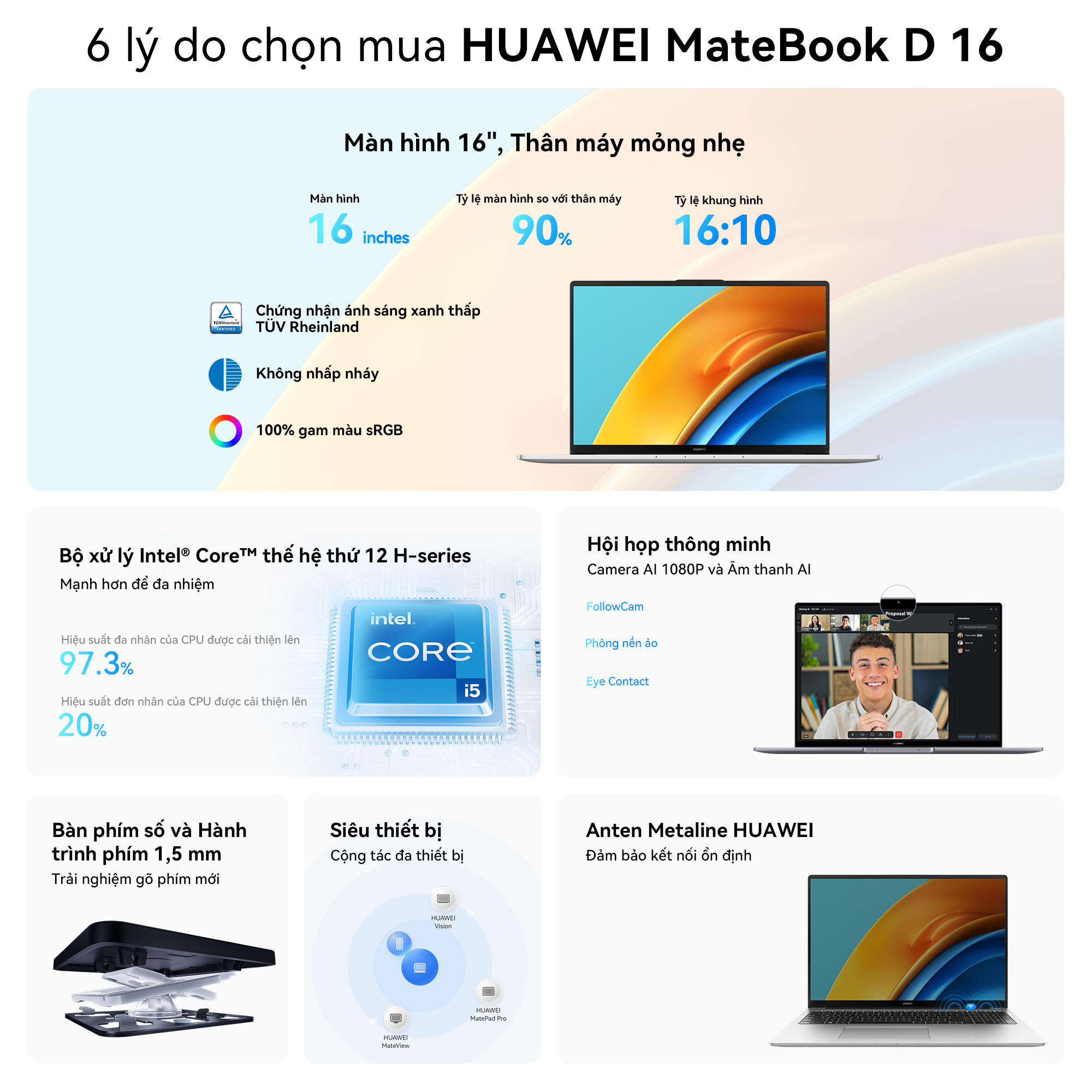 Máy Tính Xách Tay HUAWEI MateBook D 16 (16GB/512GB) Màn hình HUAWEI FullView 16&quot; | Intel Core i5 Thế Hệ Thứ 12 H-Series | Hàng Chính Hãng