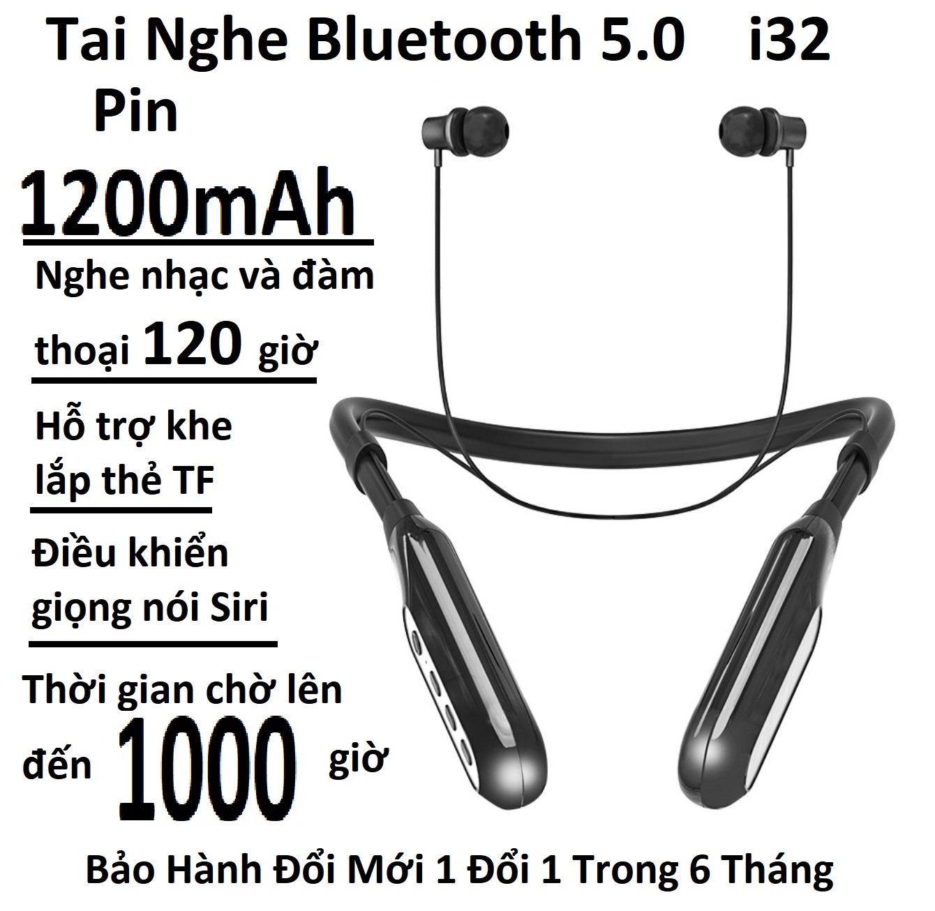 Tai Nghe Bluetooth không dây i32 chip 5.0 Pin cực khủng 1200 mAh, nghe nhạc và đàm thoại từ 100 giờ đến 120 giờ tùy theo mức âm lượng, chờ dài 1000 giờ, hỗ trợ khe lắp thẻ nhớ TF lên đến 32G.