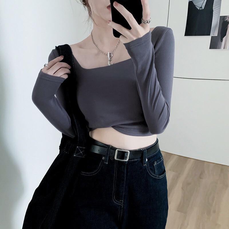Áo croptop màu trơn cổ vuông dáng ôm trẻ trung