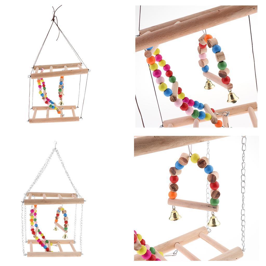 Bird Wooden Ladder Parrot Swing Cage Activity Toys with Bell