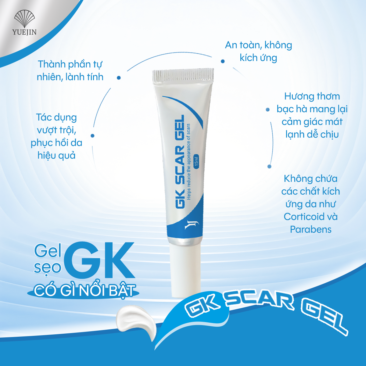 Gel trị sẹo GK SCAR GEL lấp đầy Sẹo Rỗ, Sẹo Lõm, làm phẳng Sẹo Lồi, Sẹo Thâm 15ml của Yuejin