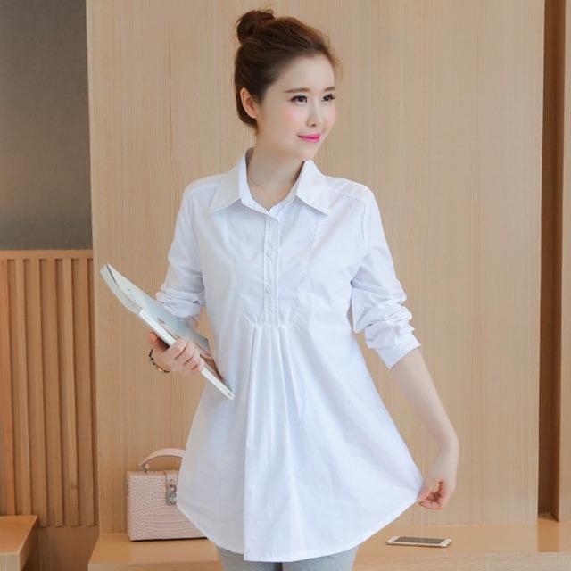 Sơ mi bầu trắng - xanh công sở