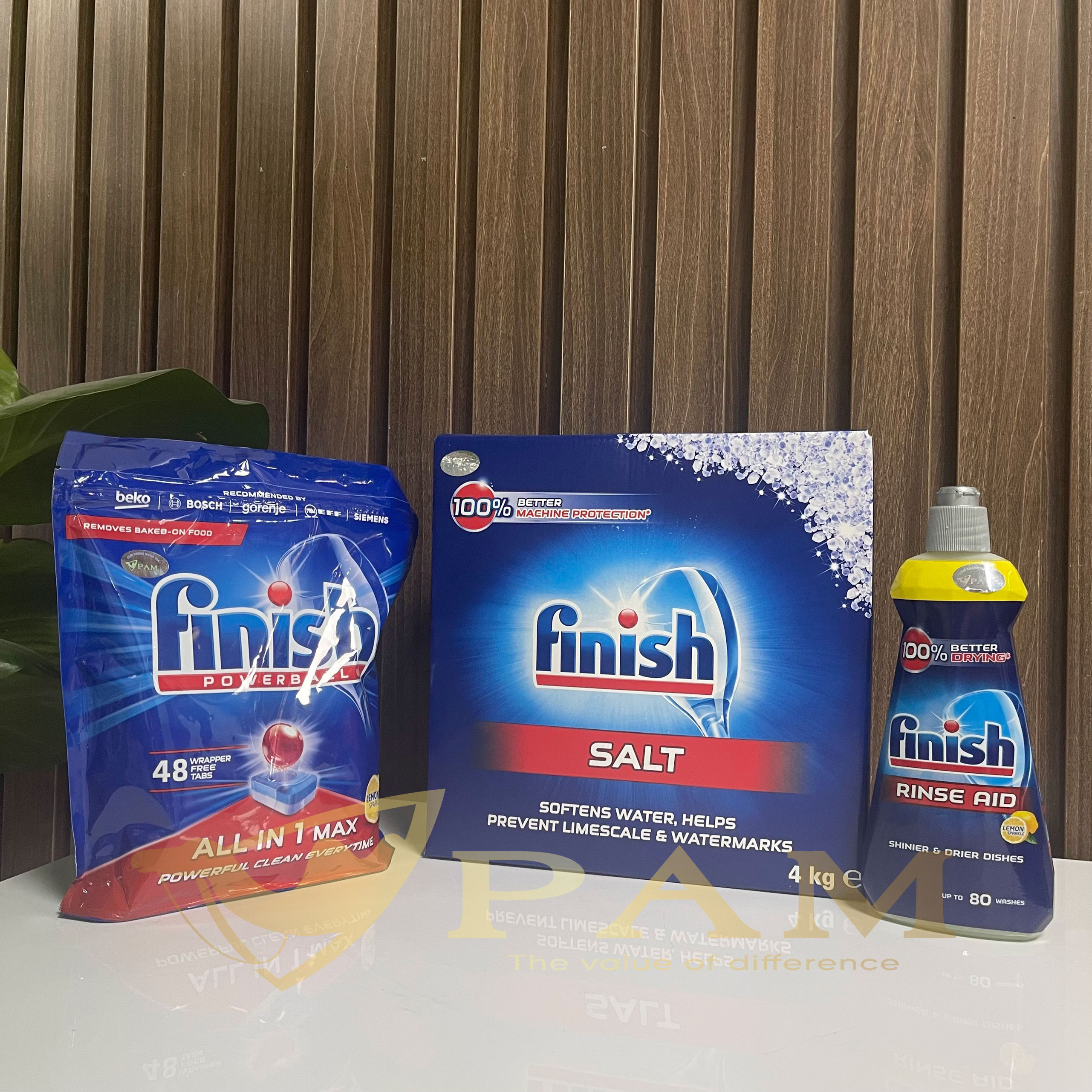 Combo Viên rửa bát Finish All in 1 max 48 viên hương chanh + Muối Finish 4kg + Nước làm bóng Finish 400ml hương chanh