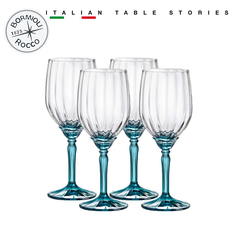 Bộ 4 ly rượu thủy tinh uống vang cao cấp Florian 380ml màu xanh - Bormioli Rocco - Italy