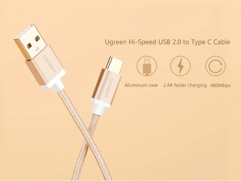 Ugreen UG20860US174TK 1M màu Vàng Dây USB 2.0 sang Type-C đầu nhôm dây bọc vinyl - HÀNG CHÍNH HÃNG