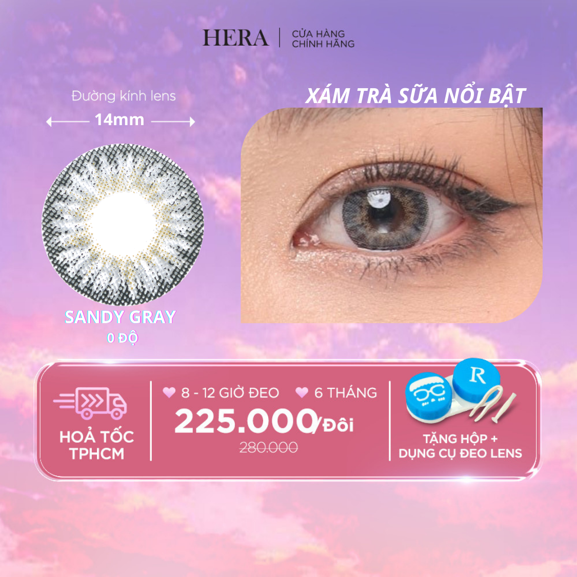 Kính Áp Tròng Hera Xám Trà Sữa Nổi Bật 0 - 8 Độ SANDY GRAY Nhập Khẩu Hàn Quốc Lens Cận 6 Tháng