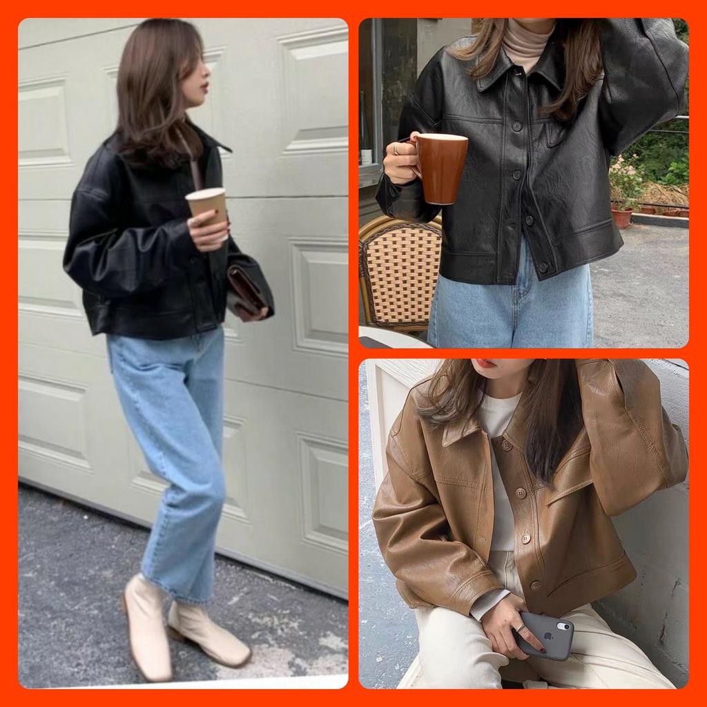 Áo khoác da dáng ngắn cổ bẻ nắp túi ngực 2 màu hàng Quảng Châu Lyn Closet A185L