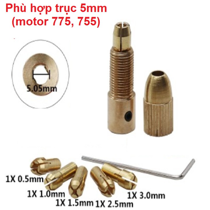 Bộ đầu đồng kẹp mũi khoan trục 5mm dùng cho động cơ trục 5mm như 775 795