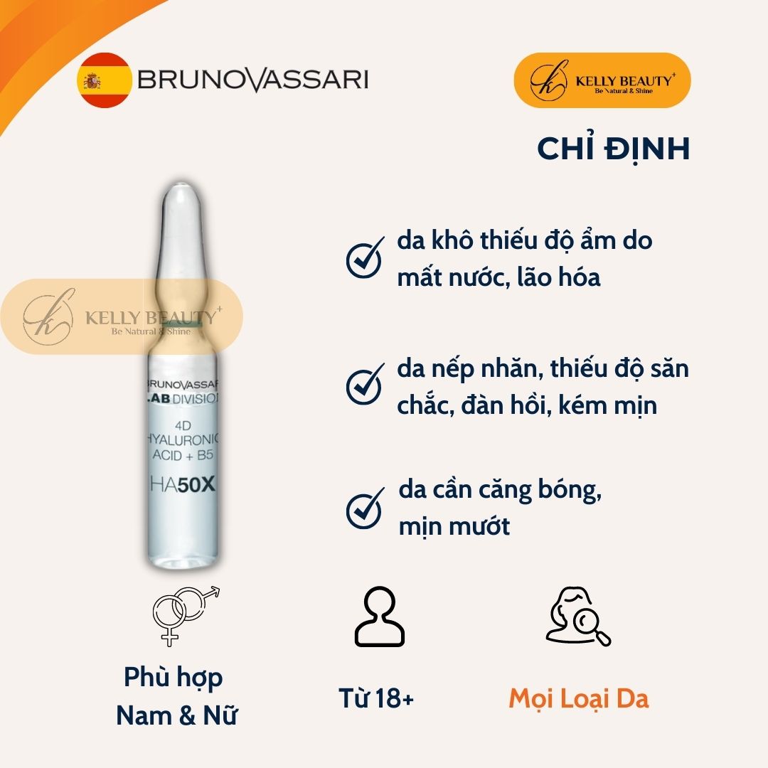 Huyết Thanh Căng Bóng Da Bruno Vassari HA50X 4D Hyaluronic Acid + B5 - Cấp Ẩm Đa Tầng, Săn Chắc Da - Kelly Beauty