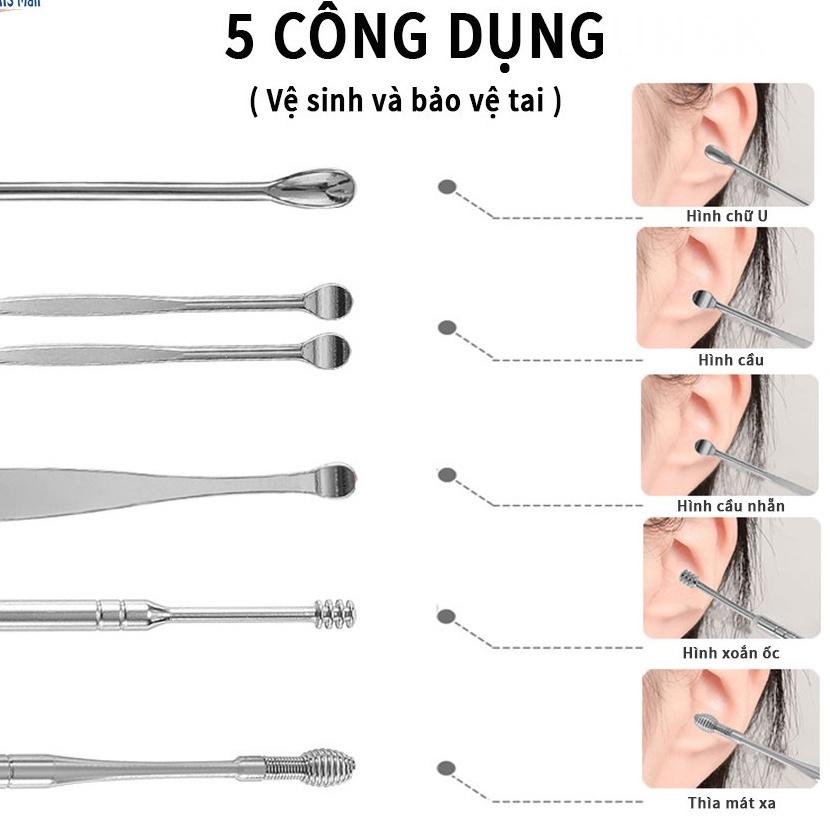 Bộ Dụng Cụ Vệ Sinh Tai 6 Món, Lấy Ráy Tai Cao Cấp Bằng Thép Không Gỉ Cho Gia Đình