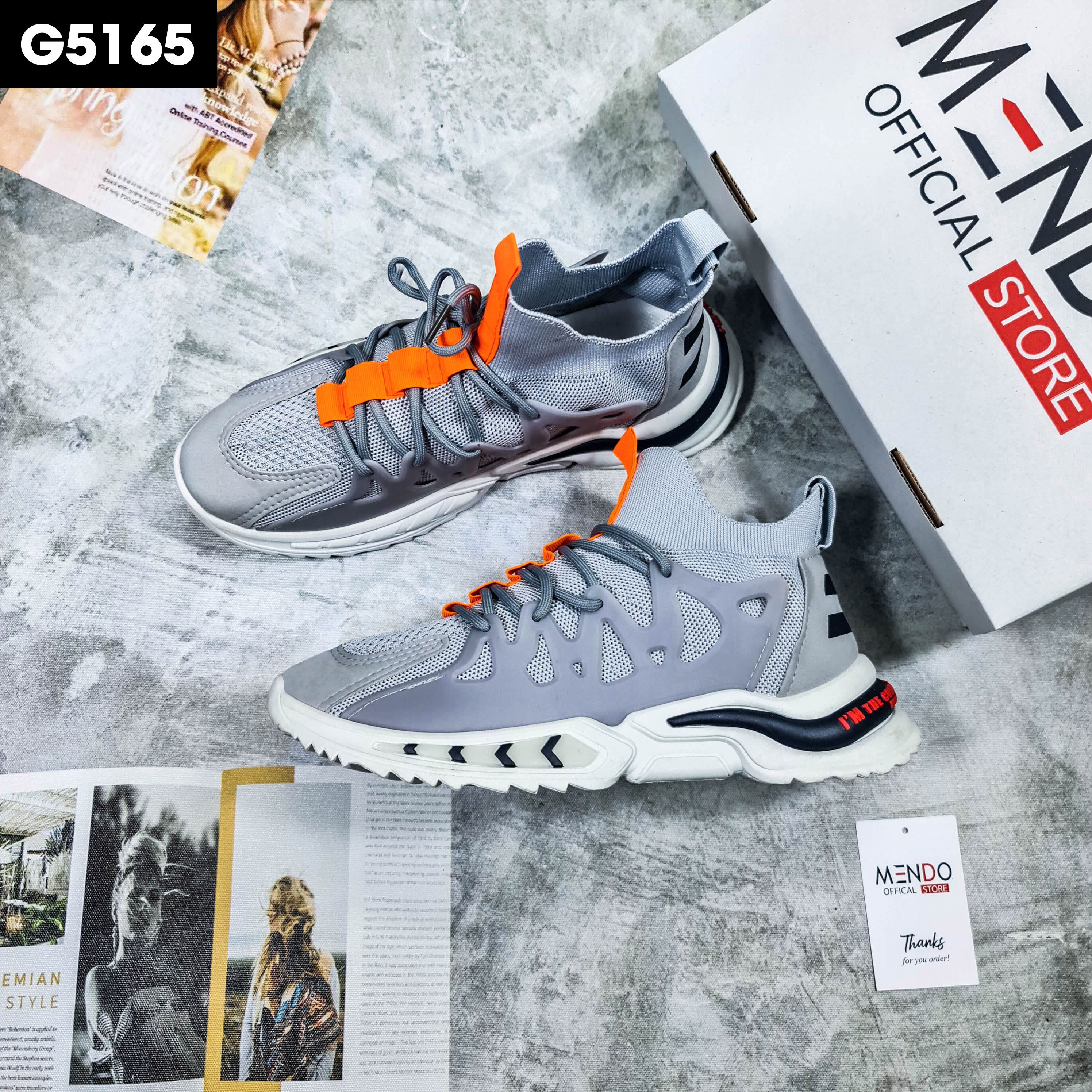 Giày Thể Thao Nam MENDO - Giày Sneaker Màu Xám - Đen, Giày Thể Thao Form Ôm Chân, Thoải Mái - G5165