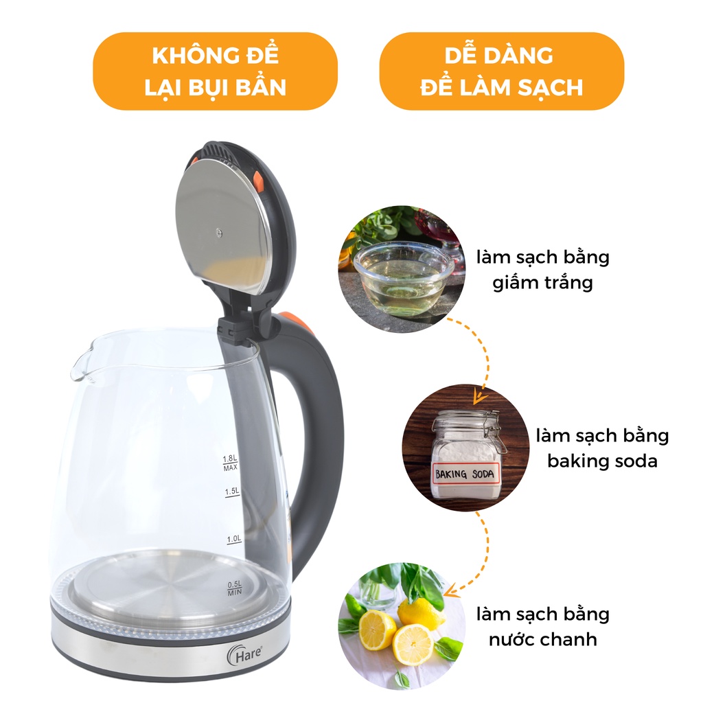 Ấm đun siêu tốc HR-KE1806 (1.8L) đun sôi nhanh trong 5 phút -hàng chính hãng thương hiệu Hare - bảo hành 12 tháng