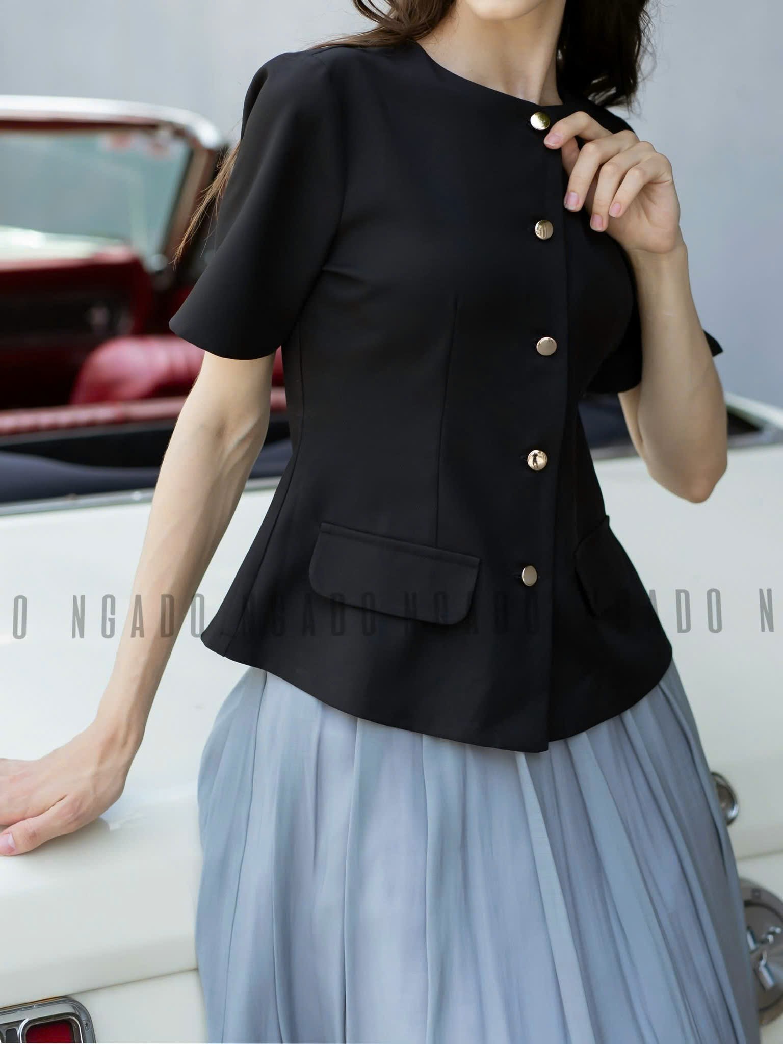 Set áo váy đen chân váy tơ xám NGADO , set áo váy dài , set công sở