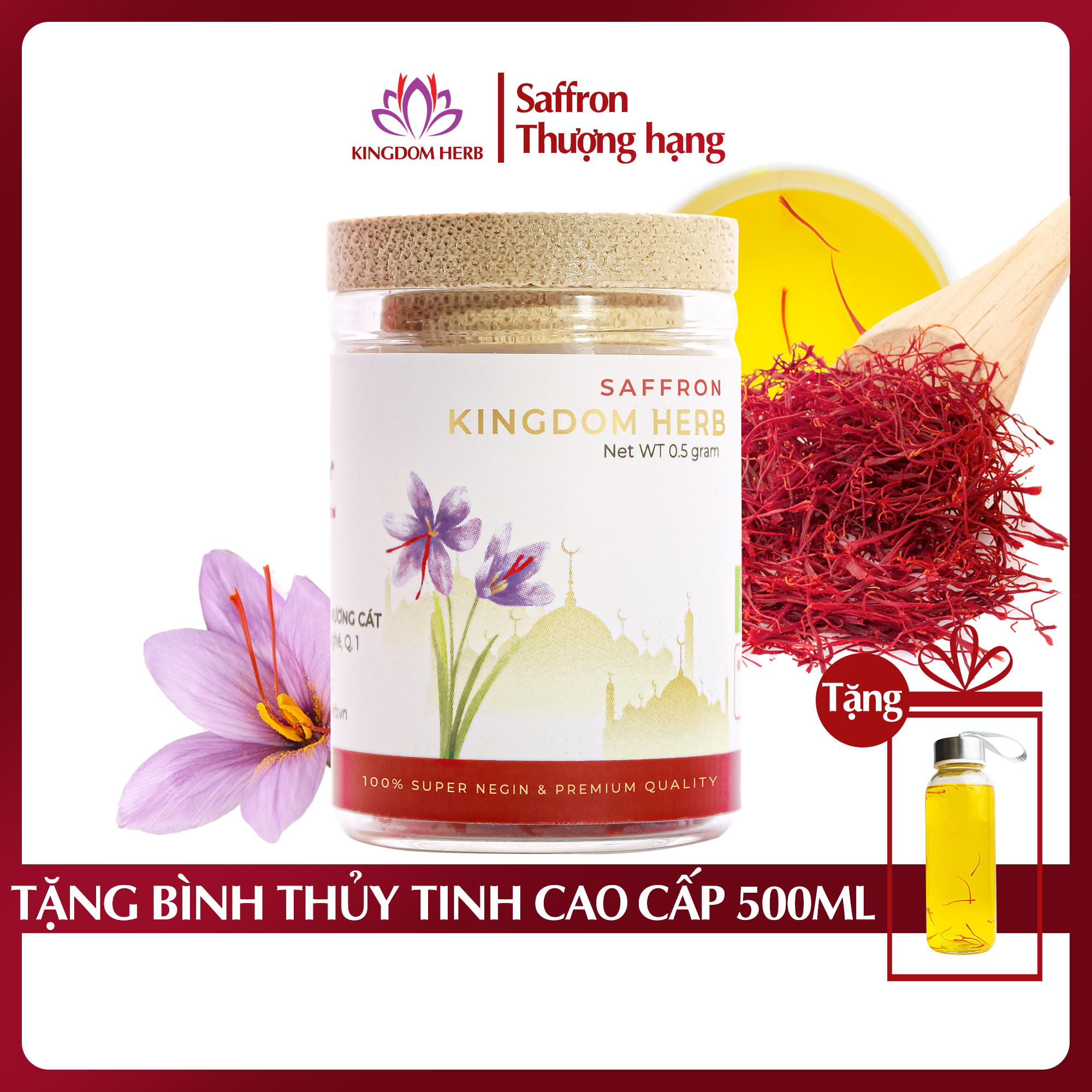 Saffron nhụy hoa nghệ tây Kingdom Herb Iran loại super negin thượng hạng hộp 0.5 gram (tặng bình thuỷ tinh cao cấp)