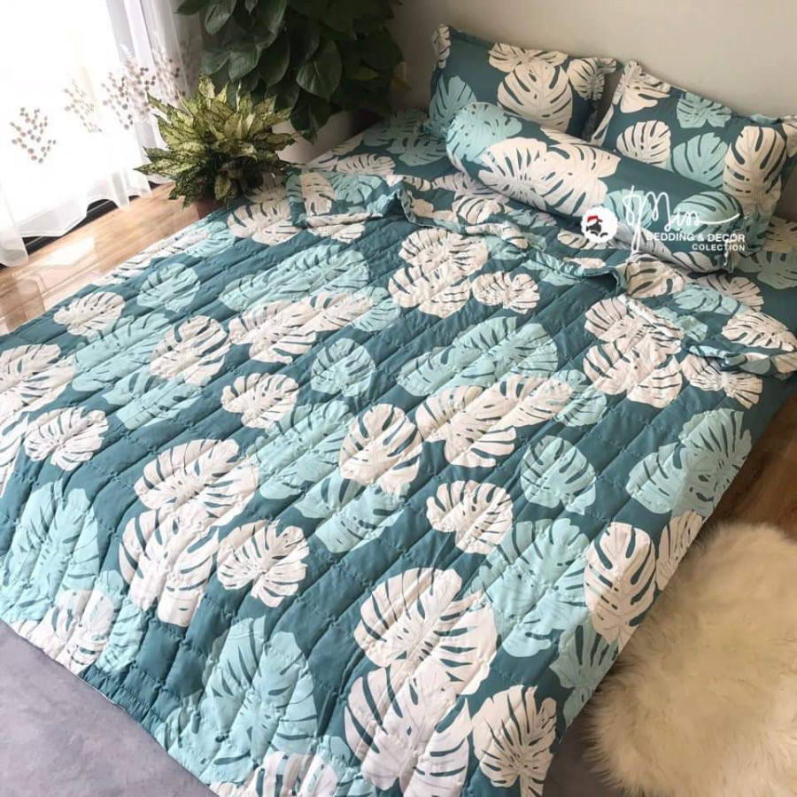 Set 5 món chăn hè ga chun Cotton Poly - Lá Khoai - Tặng kèm 1 móc khóa Houston