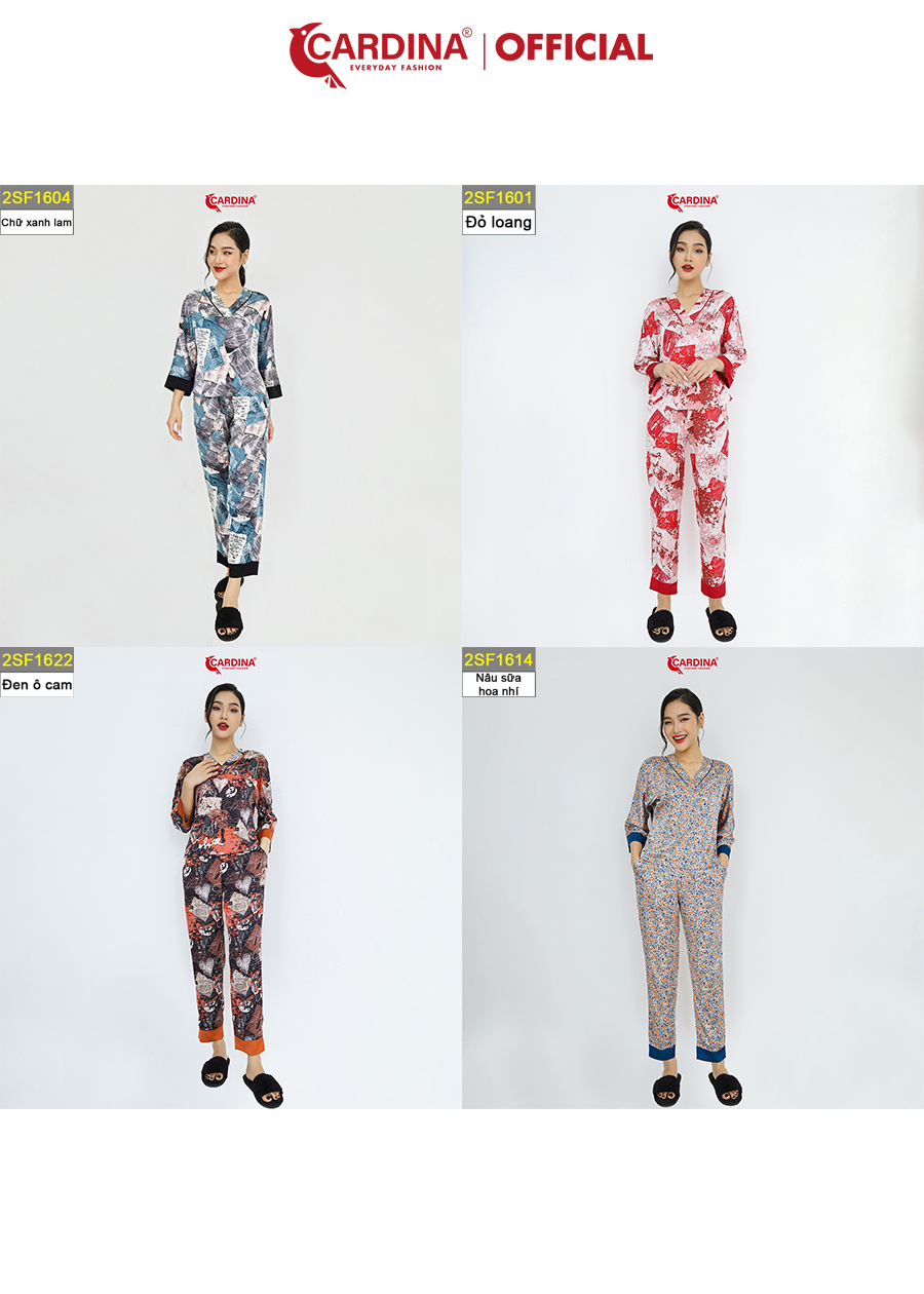 Đồ Bộ Nữ CARDINA Chất Lụa Satin Kiểu Dáng Kimono Nhật Cao Cấp Tay Vừa Quần Dài Họa Tiết 2SF16