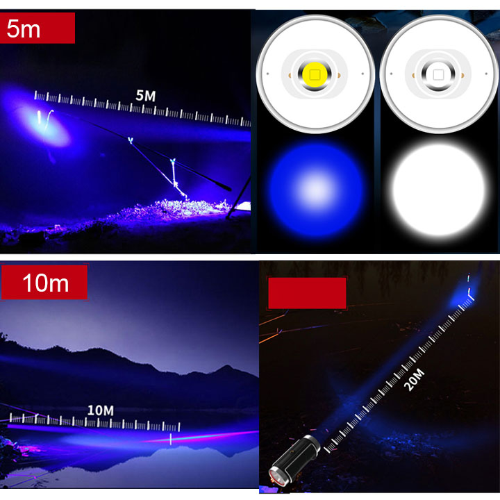 Đèn pin led câu cá D05, 1 đầu ánh sáng xanh chuyên câu cá, 1 dầu ánh sáng trắng chiếu sáng, kèm giá đỡ 3 chân xếp gọn