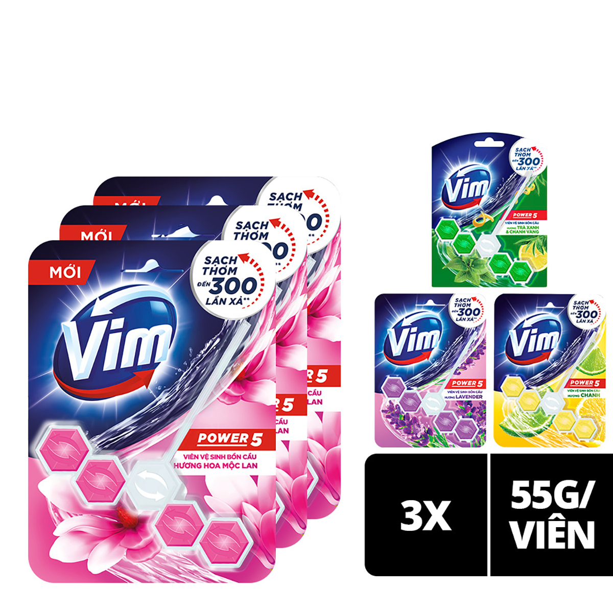 Combo 3 Viên vệ sinh bồn cầu Vim Power5  Hương Hoa Mộc Lan (55g/viên)