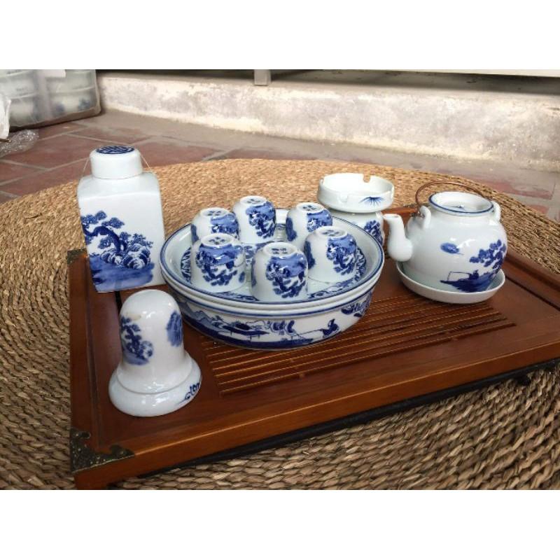 Ấm chén men lam vẽ Trúc Lâm Thất Hiền