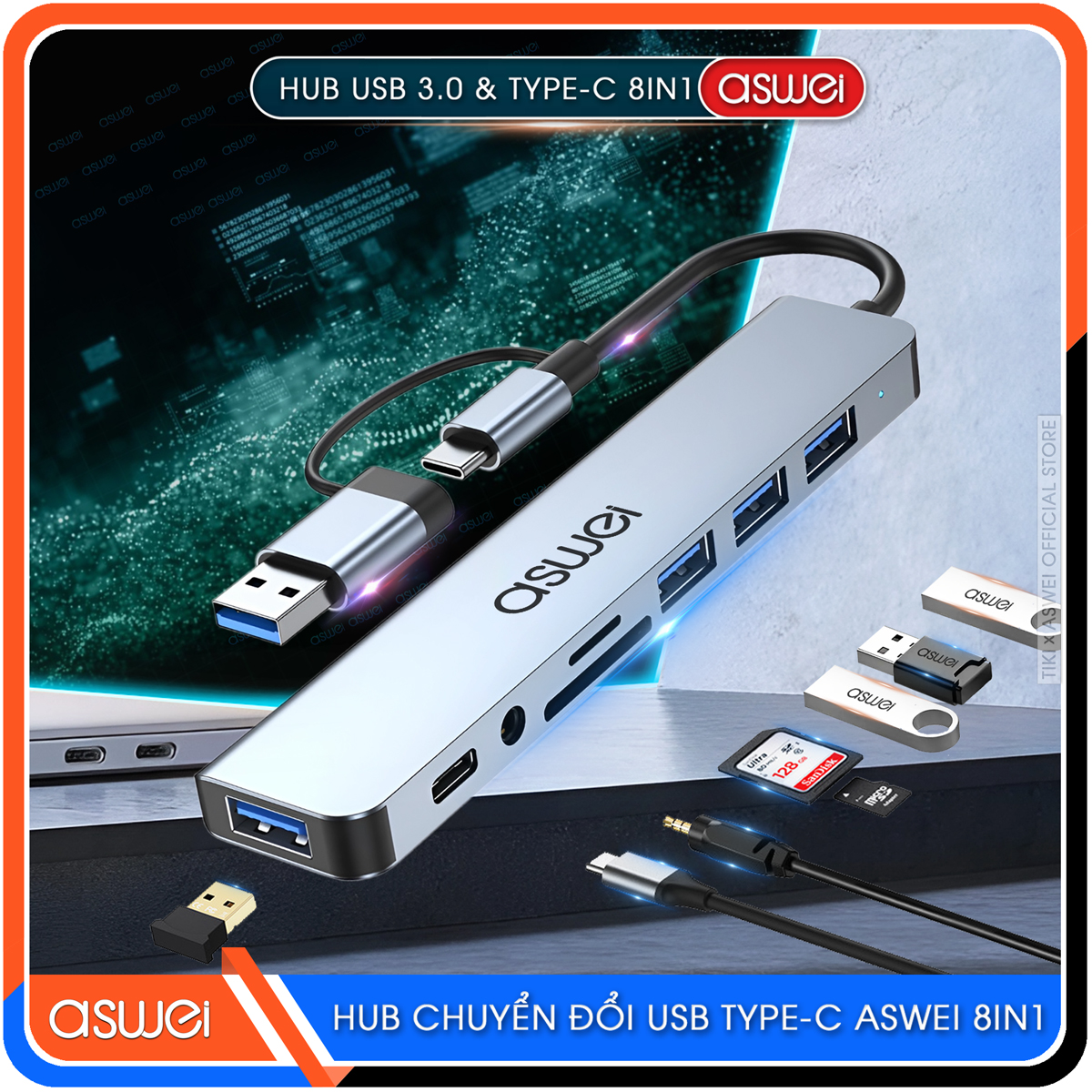 Hub Chuyển Đổi USB Type C ASWEI 8 in 1 - USB 3.0, SD, TF, USB C, Audio 3.5 Tốc Độ Cao - Hàng Chính Hãng
