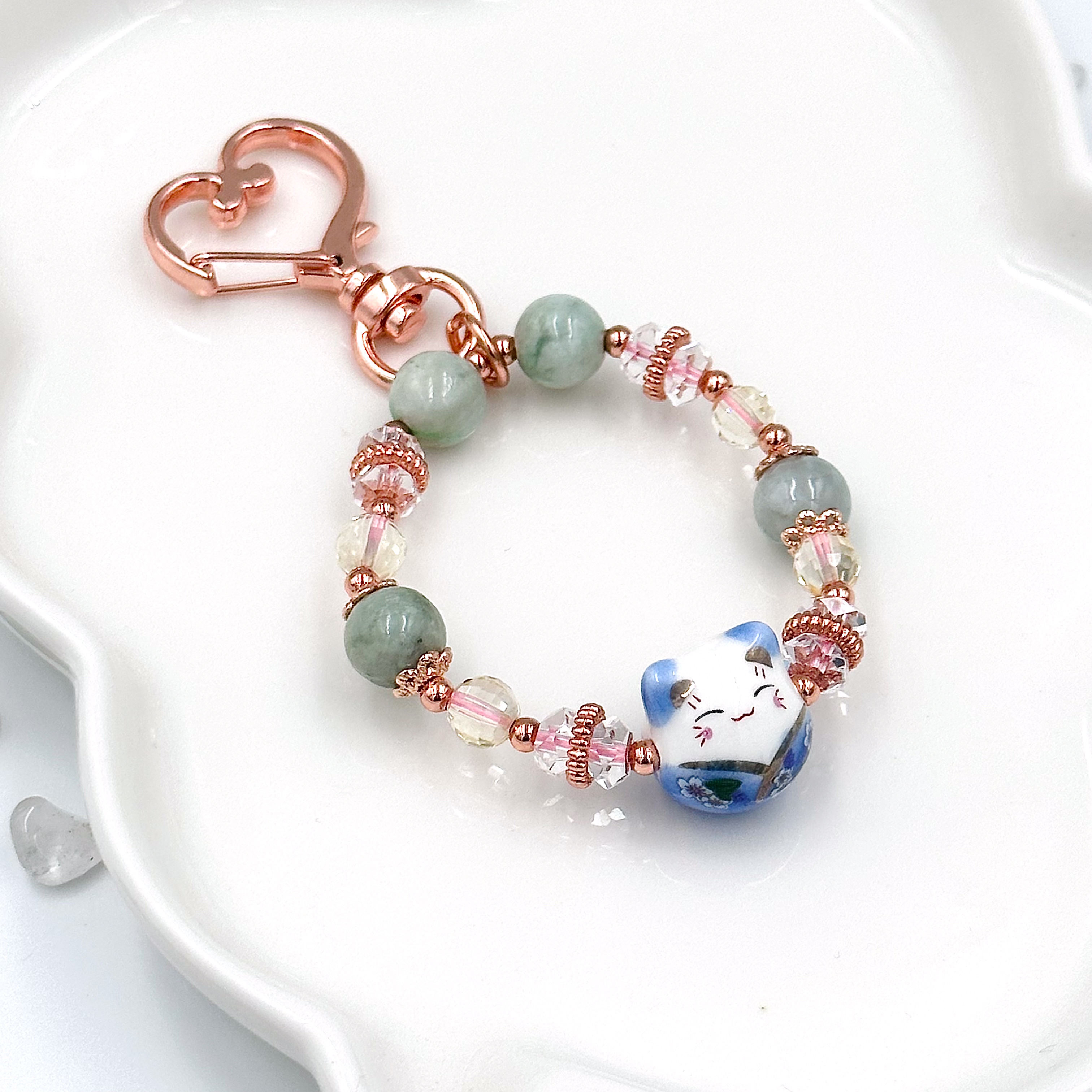 CRZ Bag Charm - Phụ Kiện - Blue Porcelain Cat With Jadeite - Móc Khóa Vòng Tay Đá Ngọc Thạch Kèm Charm Mèo Xanh Bằng Sứ