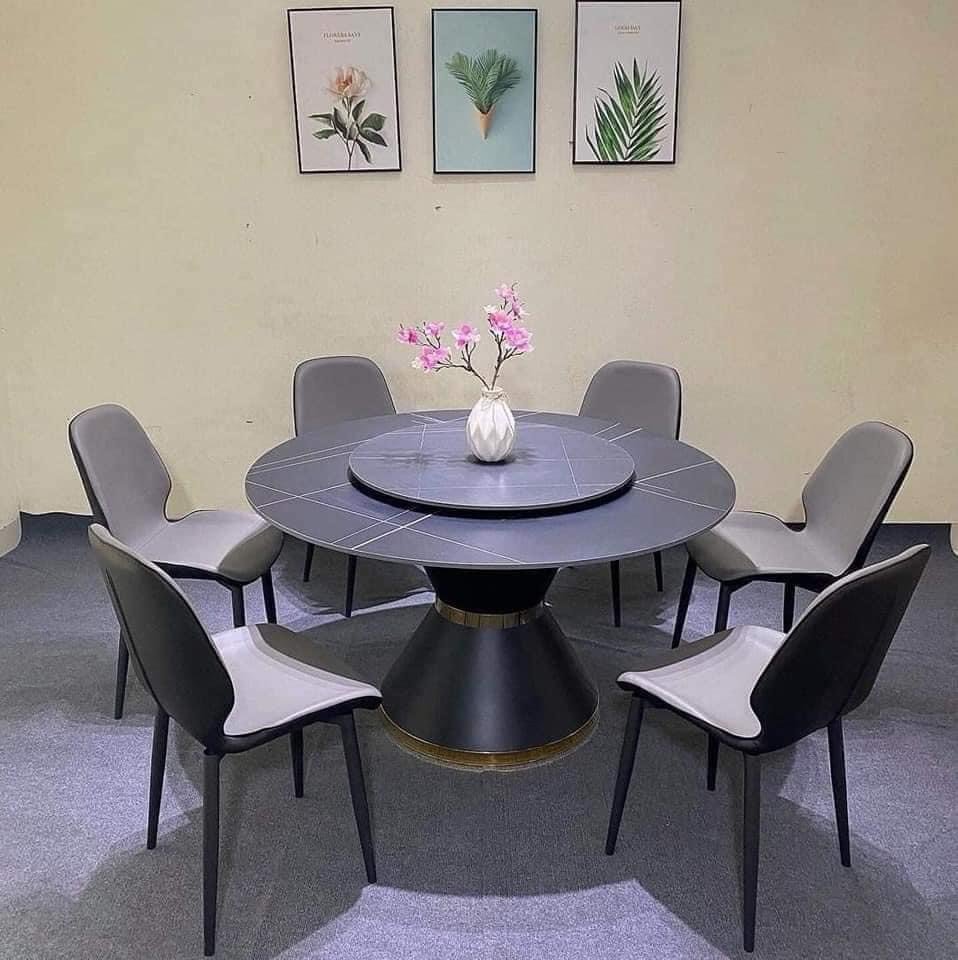 Bộ bàn ghế phòng ăn Tundo mặt tròn xoay đá ceramic kèm 6 ghế