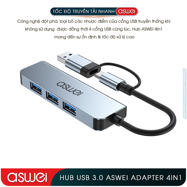 Hub Chuyển Đổi USB Type C ASWEI - 4 in 1, 5 in 1, 6 in 1, 7 in 1, 8 in 1 - HDMI, USB 3.0, PD, SD, TF, RJ45, Audio 3.5mm - Tốc Độ Cao, Hàng Chính Hãng