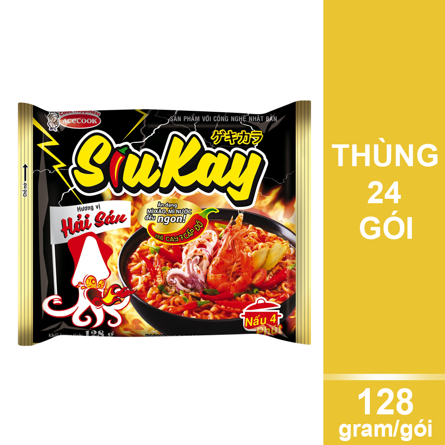 Thùng 24 Gói Mì Siu Kay Hương Vị Hải Sản (128g / Gói)