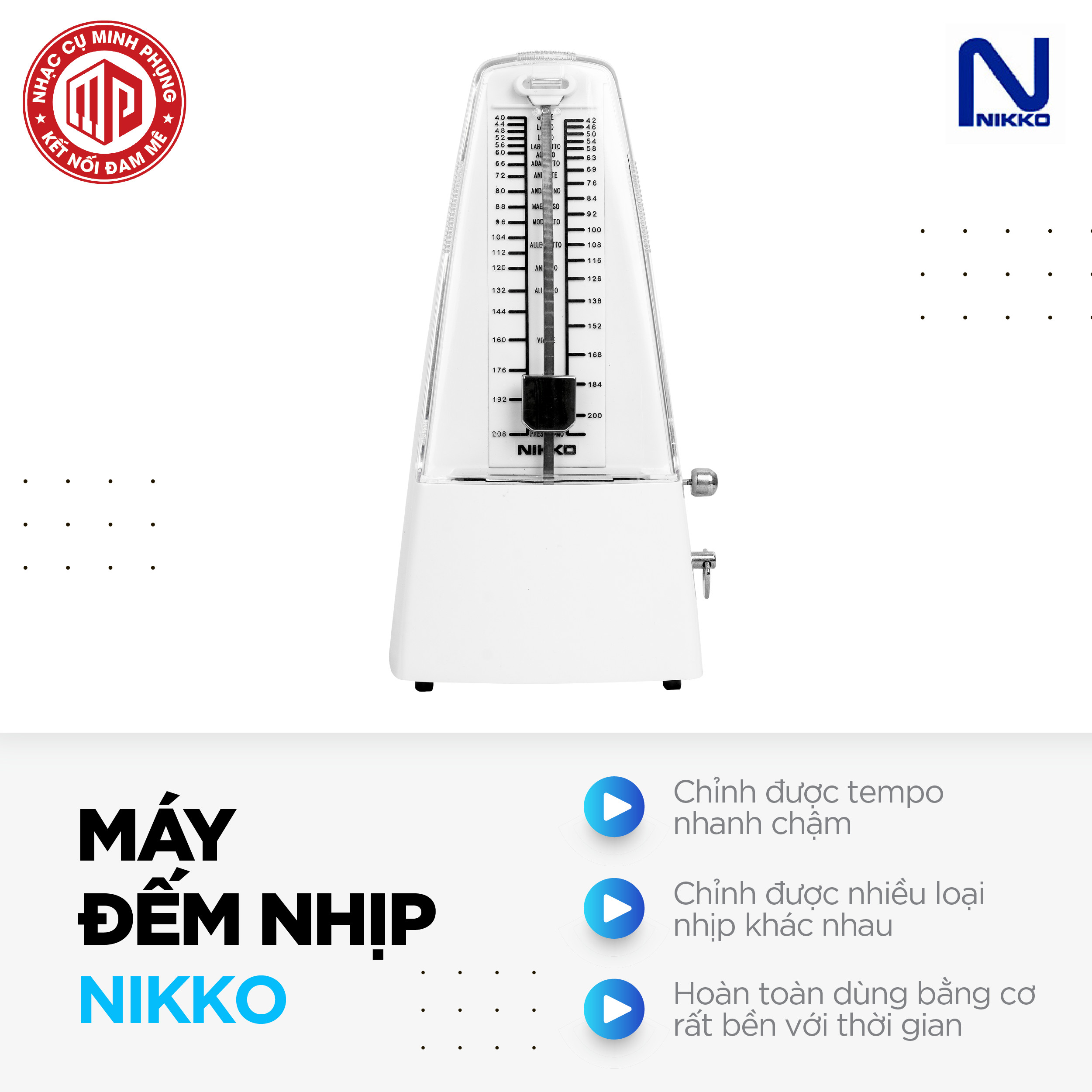 Máy đếm nhịp/ gõ nhịp/ đập nhịp cao cấp - Metronome Nikko - Màu trắng - Hàng chính hãng