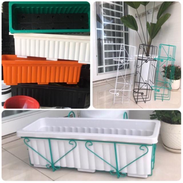 Combo Bộ Chậu Nhựa Vuông/Dài Đa Năng + móc treo, Khung treo đa năng - Multi-function Square/Long Plastic Pots Set