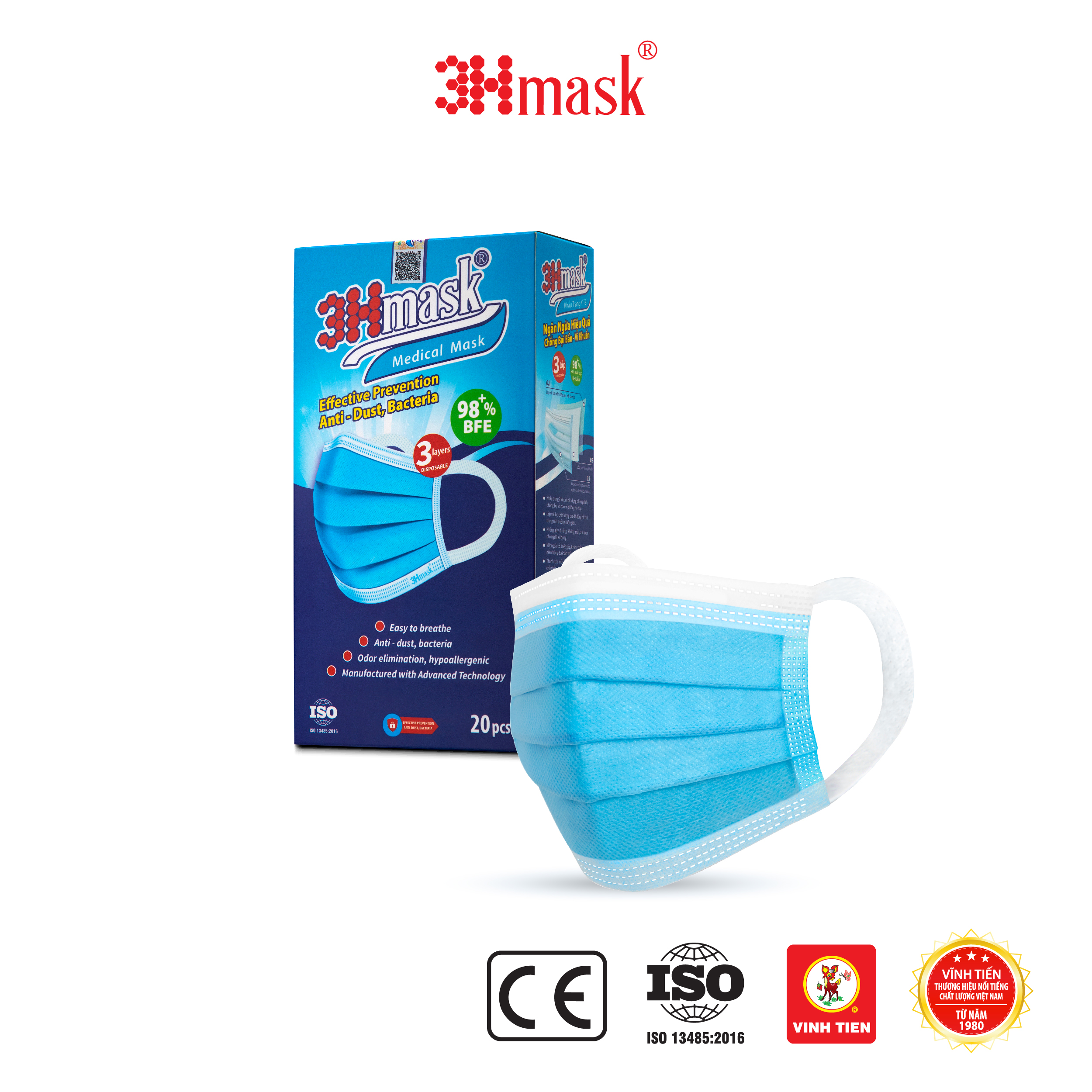 Khẩu Trang Y Tế 3HMask 3 Lớp Quai Bản (Xanh)