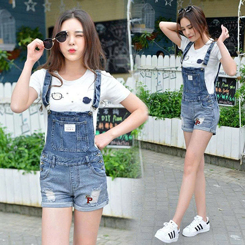 Quần Yếm Jean Nữ Wash Rách Thời Trang