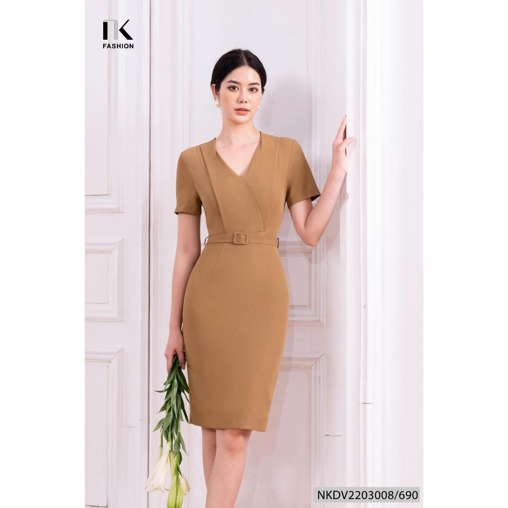 Đầm Công Sở NK FASHION Thiết Kế Dáng Ôm Cổ Chữ V Chéo Vạt Cách Điệu Chất Vải Nhập Hàn Không Nhăn Xù NKDV2203008