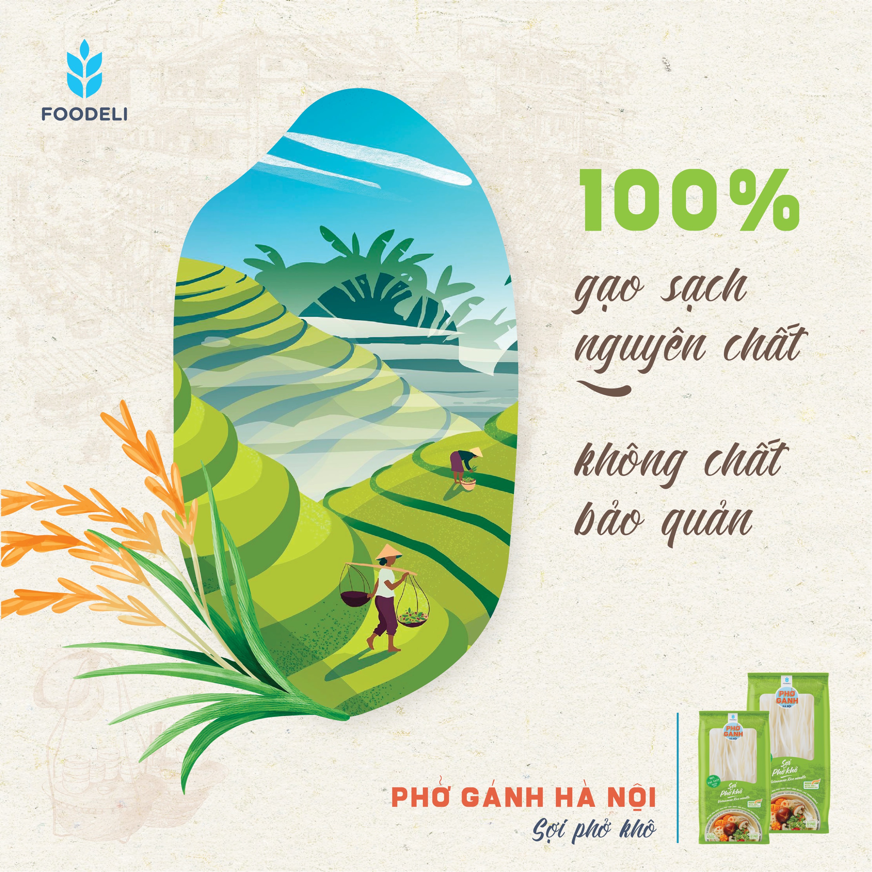 Phở Gánh Hà Nội Sợi Phở Phở Khô 100% từ gạo nguyên chất (Gói 200gr)