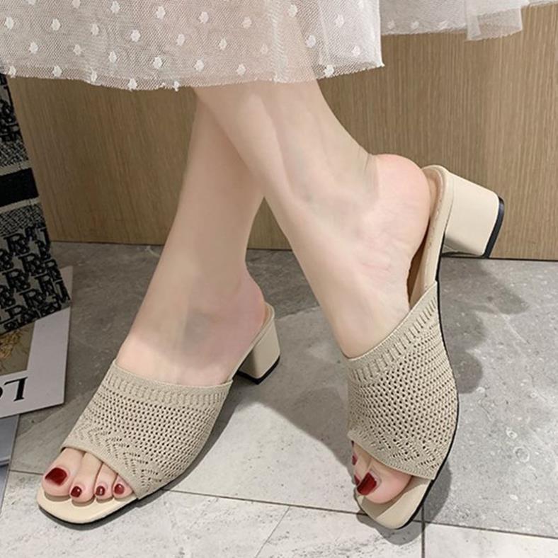 Hàng cao cấp (4 Màu) Dép Sandal Gót Vừa Mũi Vuông Phối Lưới Thời Trang Hàn Quốc Cho Nữ