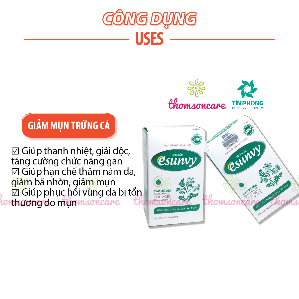 Viên uống ngừa mụn Esunvy - Sạch mụn trứng cá, đầu đen, mờ vết thâm - Mát gan, thải độc từ thảo dược, cao kế sữa