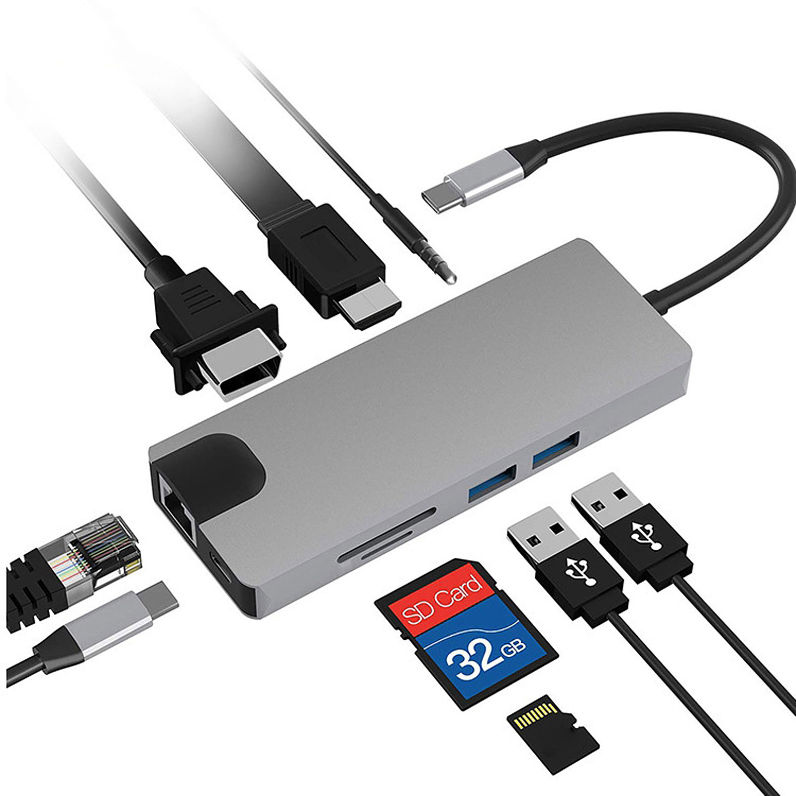 Bộ chuyển đổi đa cổng với 4K HD 1080P VGA RJ45 Ethernet USB 3.0 Cổng sạc PD 9-IN-1 USB C Hub Type-C Docking Station