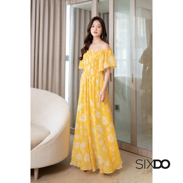 Đầm maxi voan hoa chun ngực 2 màu thời trang SIXDO - Vàng - M