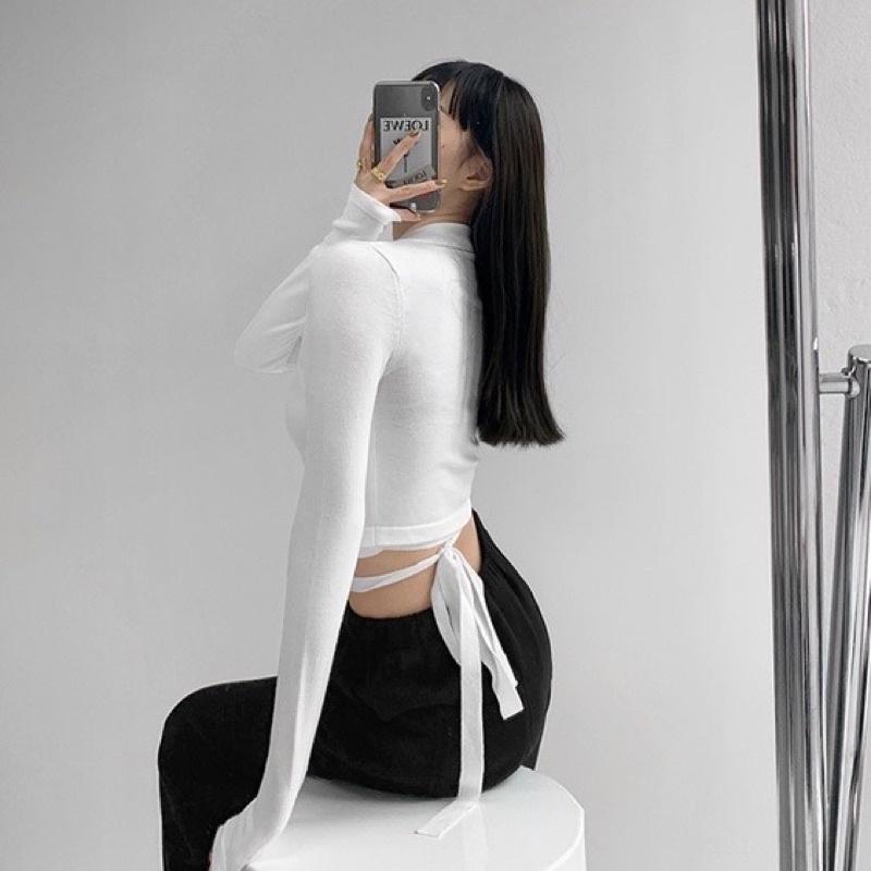 Áo len nữ dệt kim dài tay croptop cổ bẻ xẻ V dây buộc dây hot hit