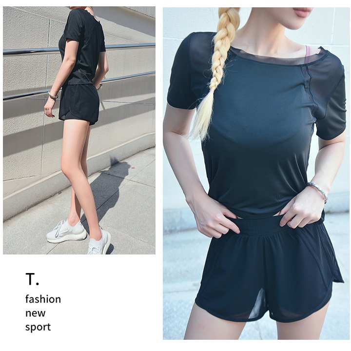 Set bộ đồ tập gym nữ 2 món áo thun quần đùi thun phối lưới thoáng mát, phù hợp hoạt động thể thao chạy bộ
