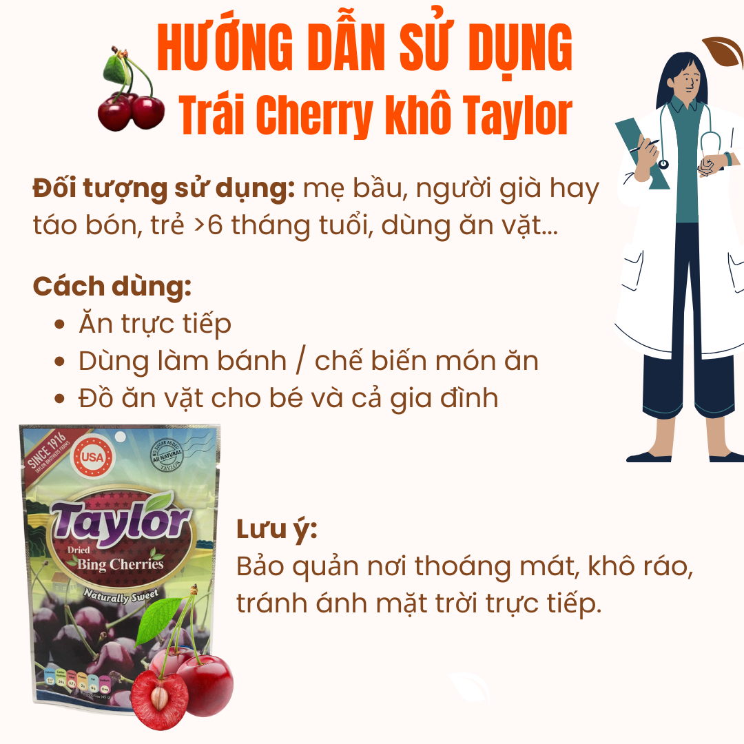 Anh Đào Cherry Khô Taylor Khô Tự Nhiên Không Đường Cho Bé Ăn Vặt Bà Bầu Ăn Kiêng Giảm Cân Nhập Khẩu Mỹ 170gr