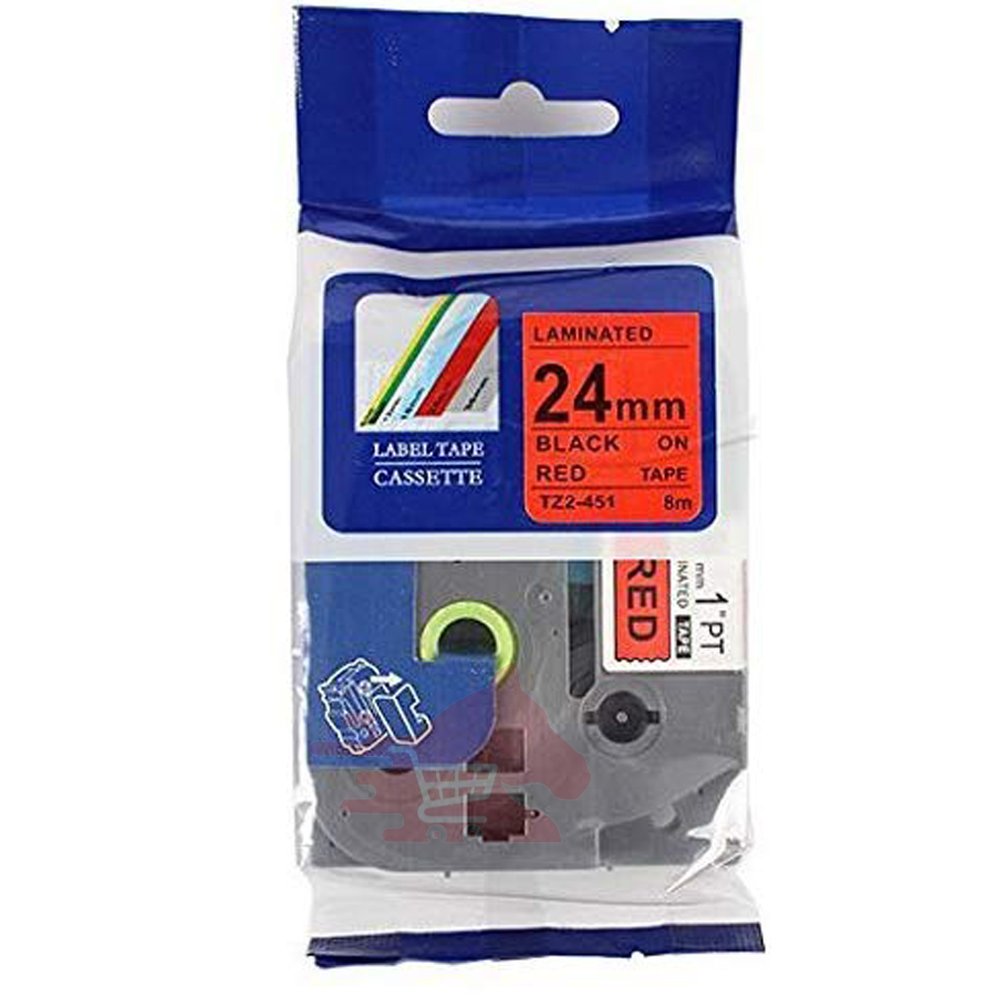 Nhãn in TZ2-451, Khổ rộng 24mm* dài 8m, chữ đen nền đỏ , nhãn đa lớp, bám dính cao