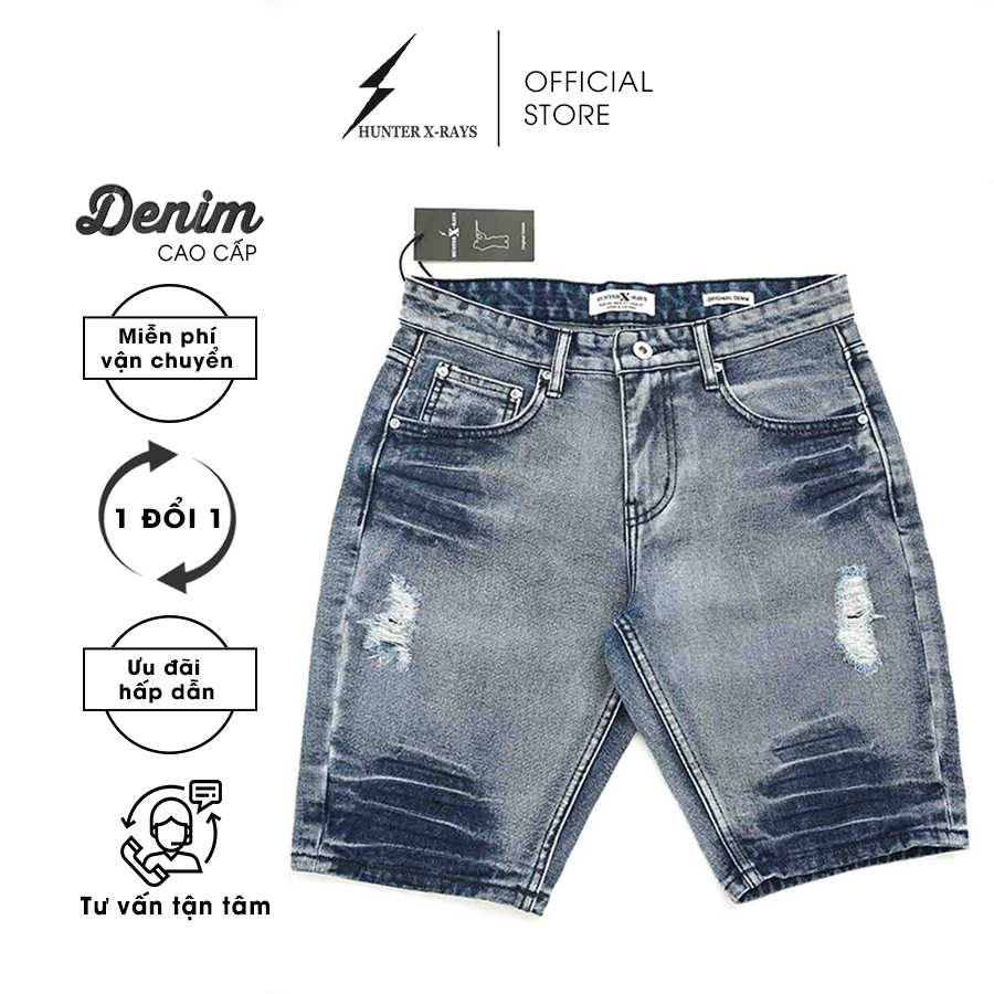 Quần Short Jeans Nam Cao Cấp HUNTER X-RAYS Form Slimfit Cotton màu Xanh Rách S42