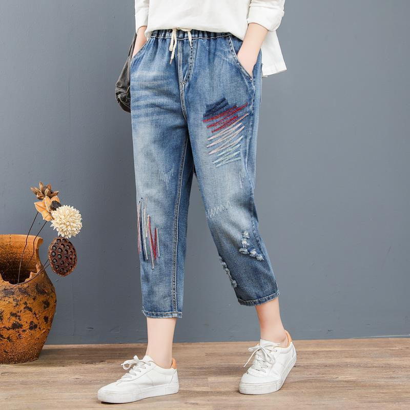 Quần Jeans Lửng Lưng Cao Co Giãn Thêu Họa Tiết Thời Trang Mùa Hè Cho Nữ