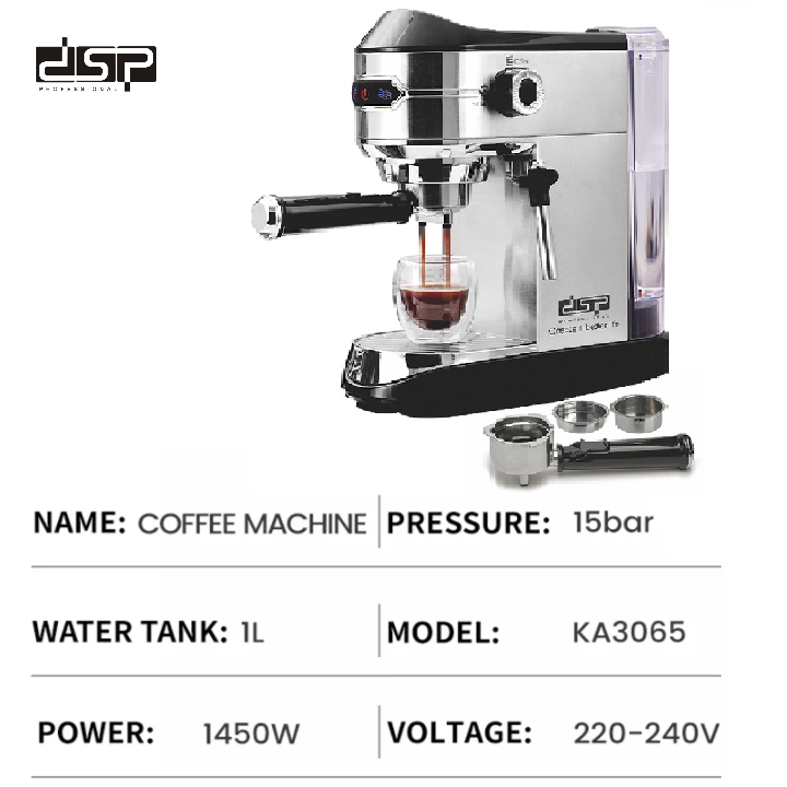 Máy pha cà phê Espresso nhãn hiệu DSP KA3065 - Áp suất 15 bar,  có công suất hoạt động mạnh mẽ lên đến 1450W - HÀNG NHẬP KHẨU