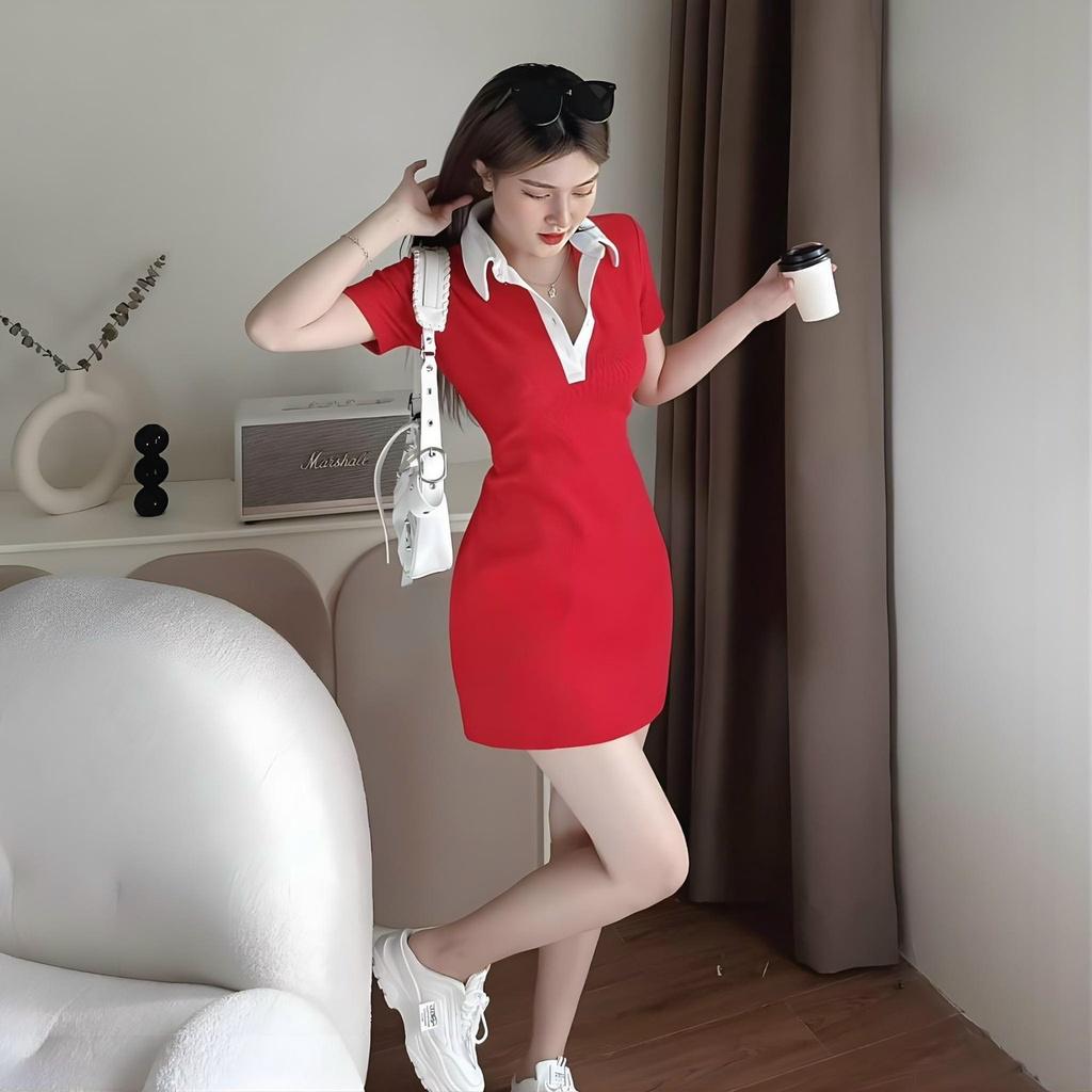 Đầm thun xoè phối cổ sơmi cài nút siêu hot